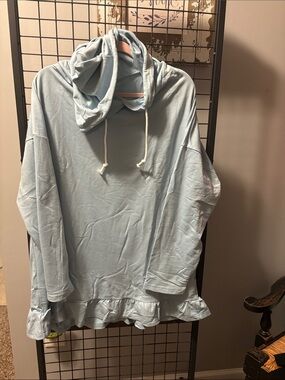 Light Blue Women's Hooded Ruffle Hem Top